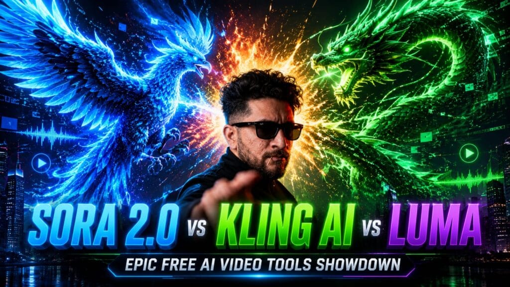 A dynamic 2026 tech blog header image showing a futuristic showdown between Sora 2.0, Kling AI, and Luma. The visual features a magnificent glowing neon-blue digital phoenix clashing with a powerful neon-green cyber dragon in a dark, advanced sci-fi city with illuminated data streams and digital waveforms, with bold 3D typography displaying the text SORA 2.0 vs KLING AI vs LUMA at the bottom.