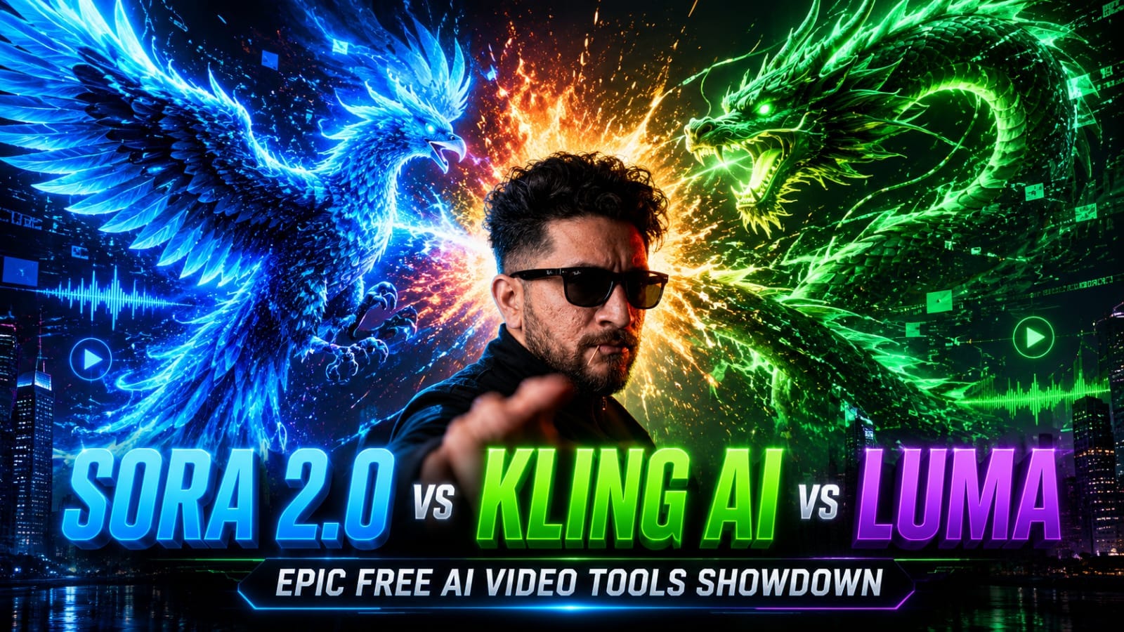 A dynamic 2026 tech blog header image showing a futuristic showdown between Sora 2.0, Kling AI, and Luma. The visual features a magnificent glowing neon-blue digital phoenix clashing with a powerful neon-green cyber dragon in a dark, advanced sci-fi city with illuminated data streams and digital waveforms, with bold 3D typography displaying the text SORA 2.0 vs KLING AI vs LUMA at the bottom.