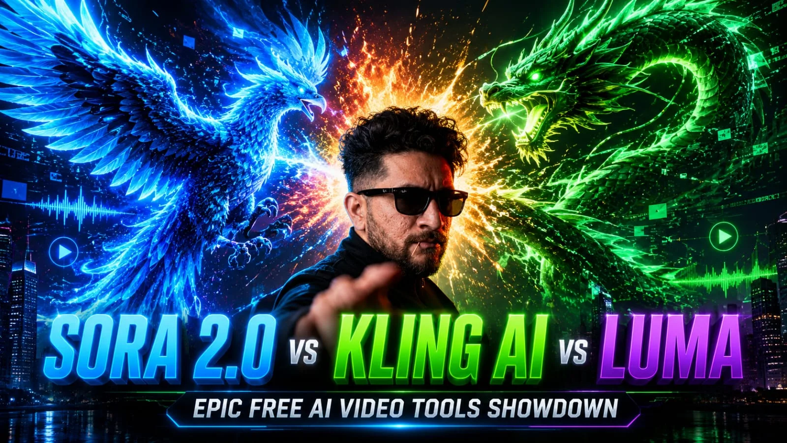 A dynamic 2026 tech blog header image showing a futuristic showdown between Sora 2.0, Kling AI, and Luma. The visual features a magnificent glowing neon-blue digital phoenix clashing with a powerful neon-green cyber dragon in a dark, advanced sci-fi city with illuminated data streams and digital waveforms, with bold 3D typography displaying the text SORA 2.0 vs KLING AI vs LUMA at the bottom.