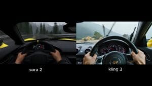 A side-by-side AI video generation comparison showing Sora 2.0 and Kling 3 rendering a first-person dashboard view of a yellow sports car driving on a rainy mountain road.