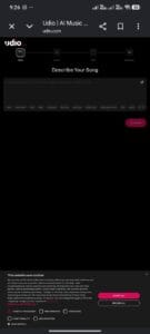 The Udio AI music interface showing the prompt input box to describe your song style and genre tags.
