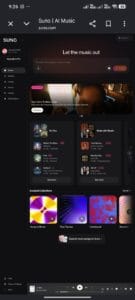 The official Suno AI music generator dashboard interface showing the song creation panel and curated user collections.