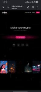The Udio AI music platform landing page featuring the start creating button and music generation templates.