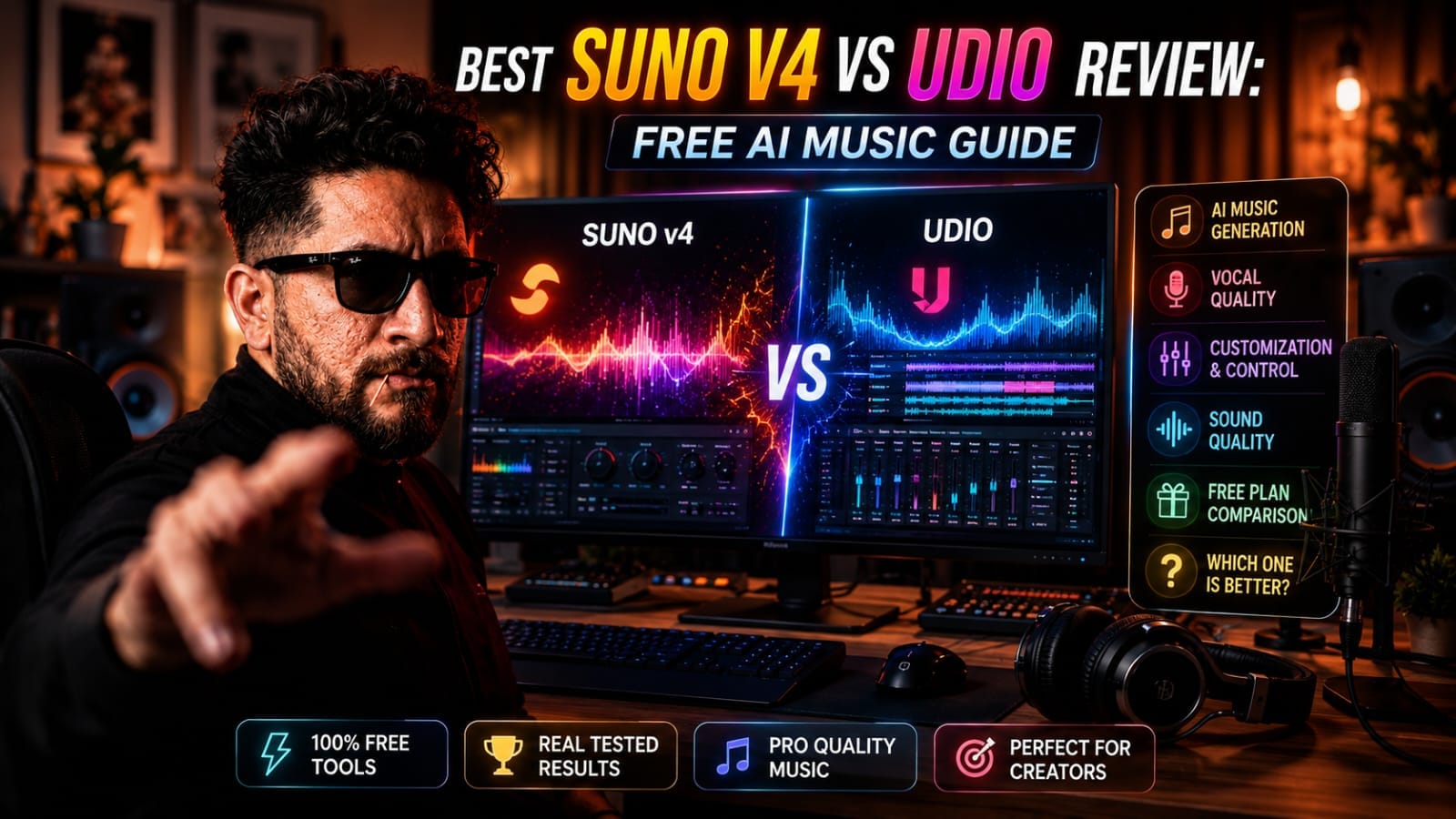 Suno v4 vs Udio comparison dashboard for AI music generation