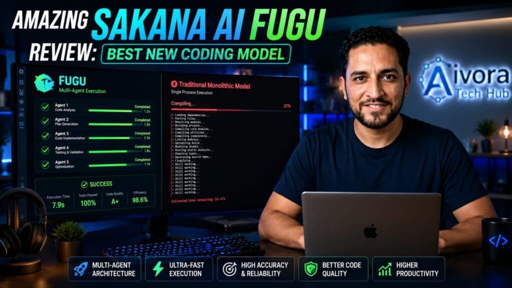 A futuristic tech dashboard showing Sakana AI FUGU multi-agent orchestration system competing against Claude Opus 4.8 in coding speed.