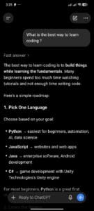ChatGPT mobile application interface answering the prompt what is the best way to learn coding.