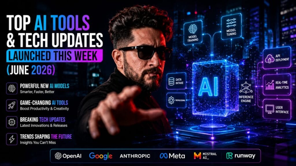 Top AI Tools June 2026 featured on a futuristic digital tech dashboard highlighting advanced open-source network pipelines, enterprise multi-agent architectures, cloud infrastructure orchestration, and global AI security systems.