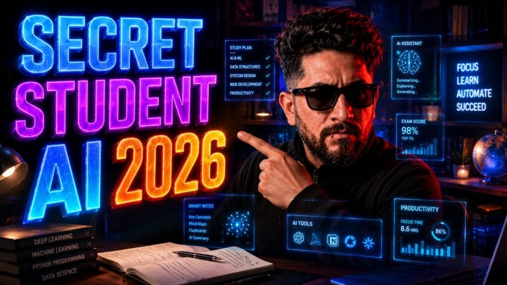 A digital study dashboard showcasing the top 5 secret Student AI Tools in 2026 for academic research and productivity.