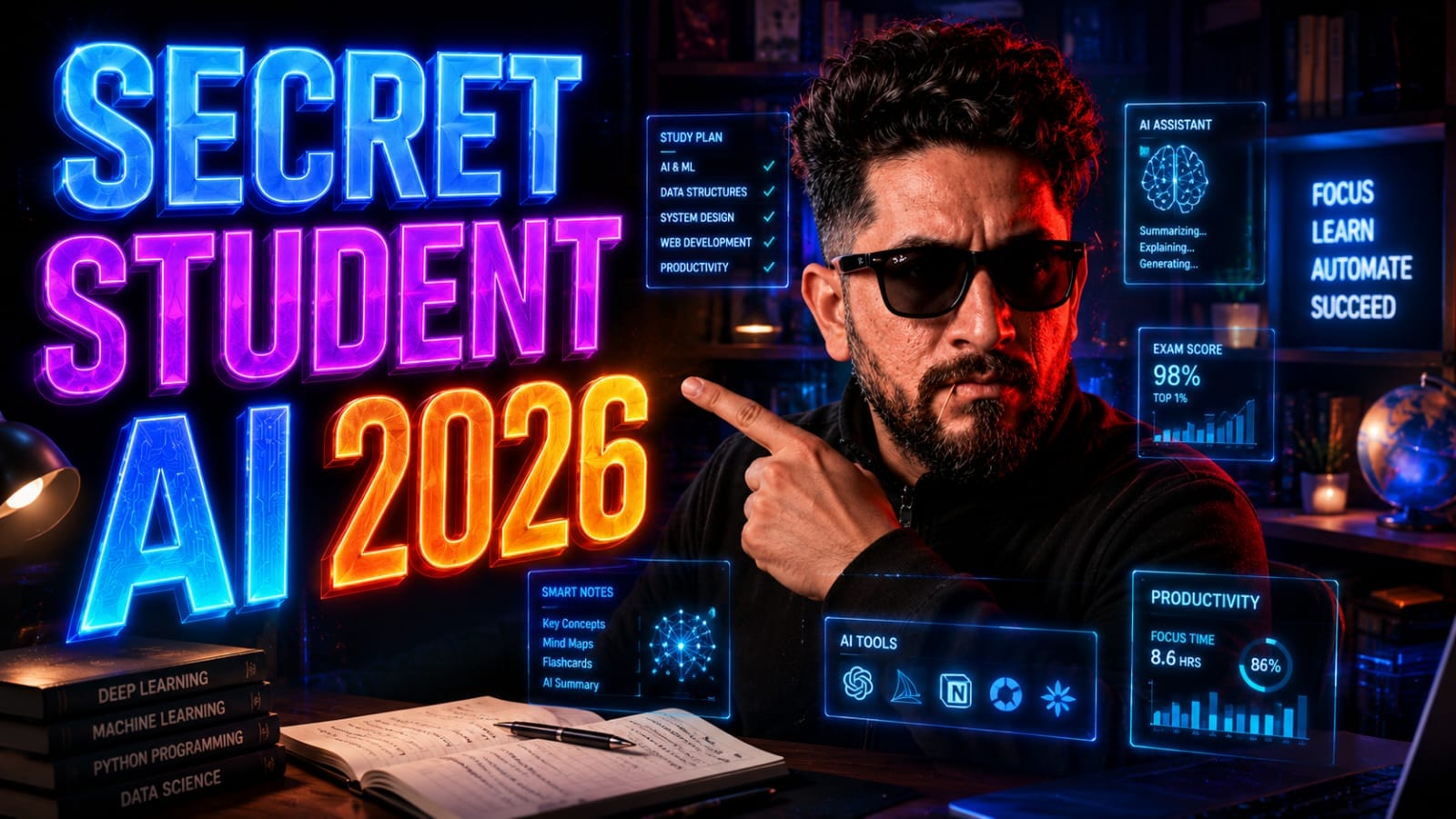 A digital study dashboard showcasing the top 5 secret Student AI Tools in 2026 for academic research and productivity.