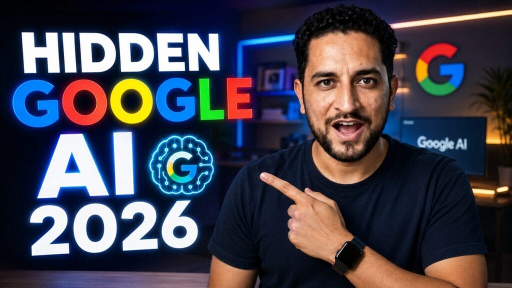 A futuristic dashboard displaying the top 5 hidden Google AI Tools for productivity and learning in 2026.