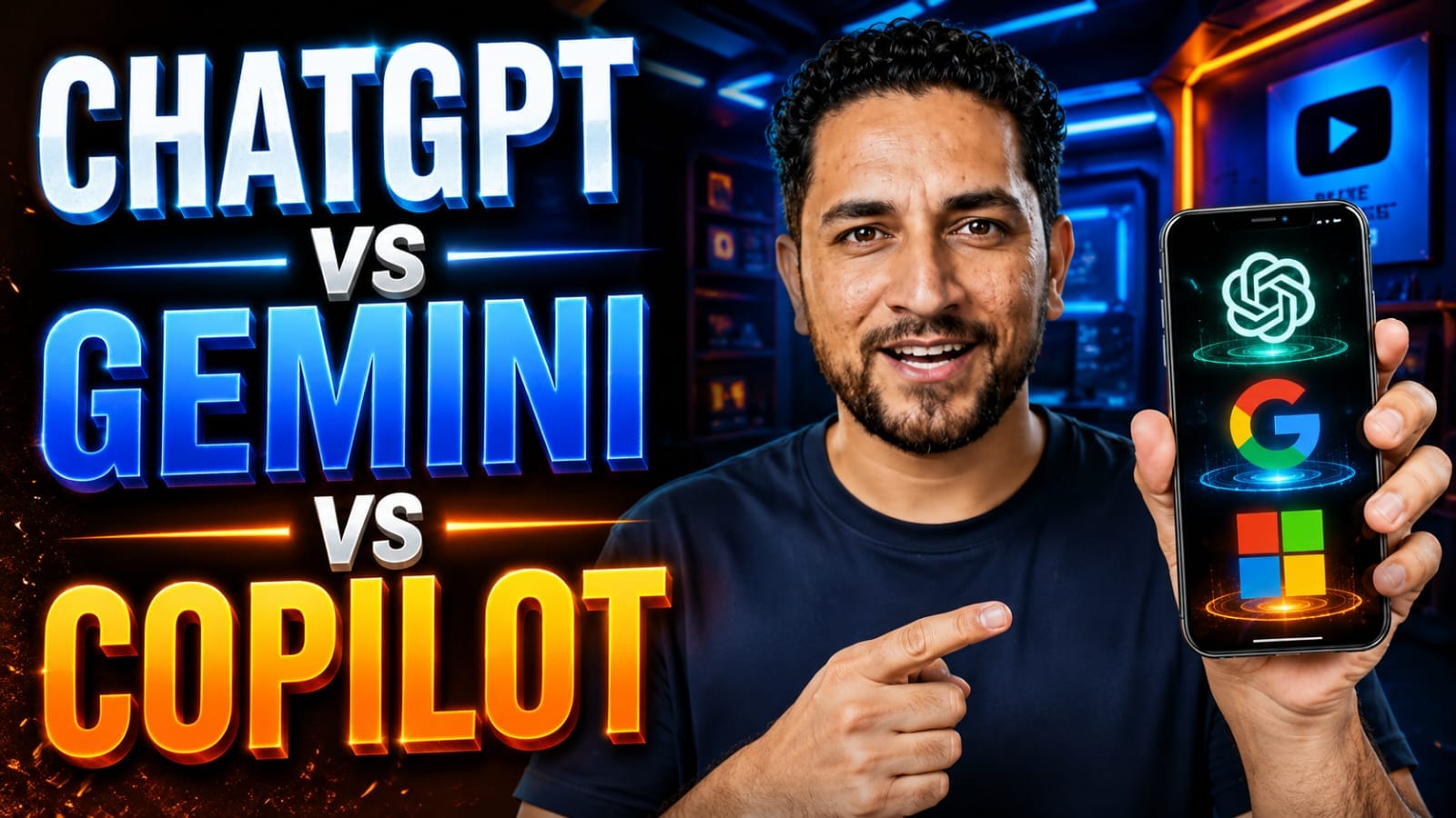 A side-by-side speed and data testing dashboard layout comparing ChatGPT, Gemini, and Microsoft Copilot to determine the Most Accurate AI for daily productivity.