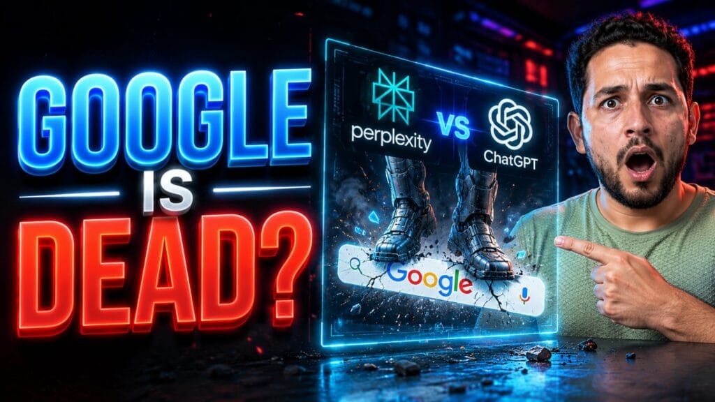 A futuristic holographic dashboard comparing the top AI Search Engines 2026 against traditional Google Search market share.