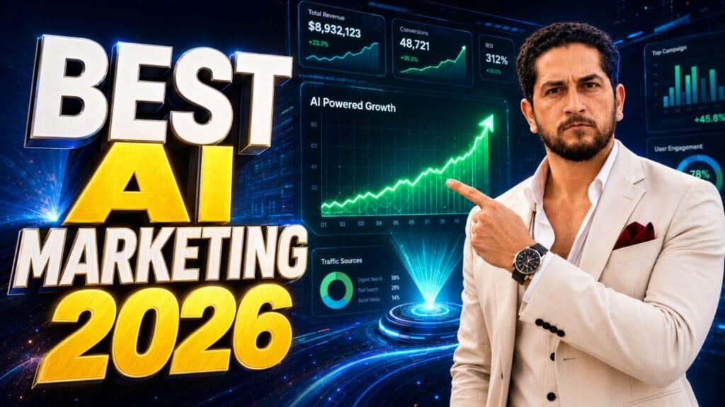 A futuristic digital marketing dashboard displaying the top AI Marketing Tools 2026 for automated sales and content creation.