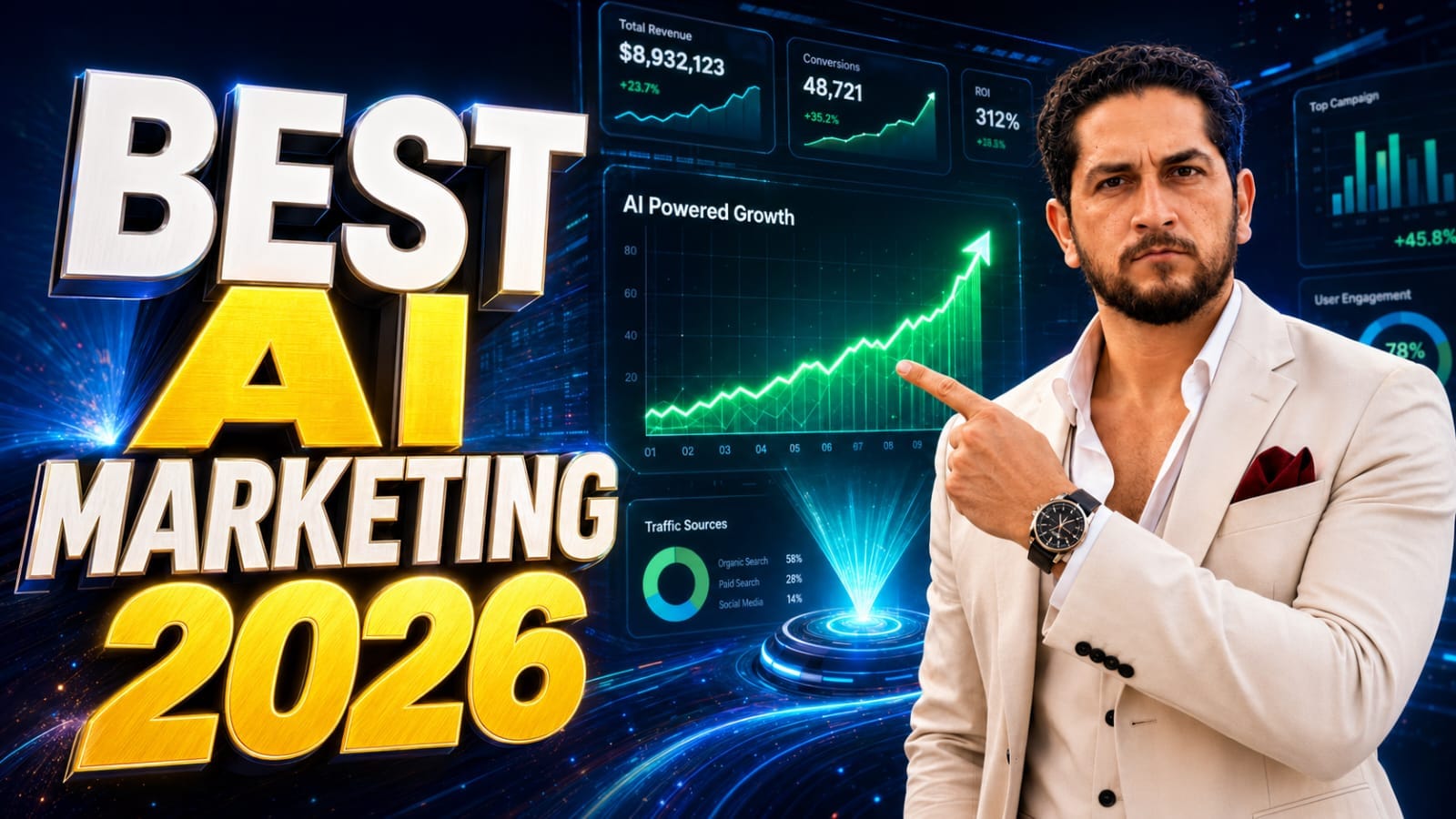 A futuristic digital marketing dashboard displaying the top AI Marketing Tools 2026 for automated sales and content creation.