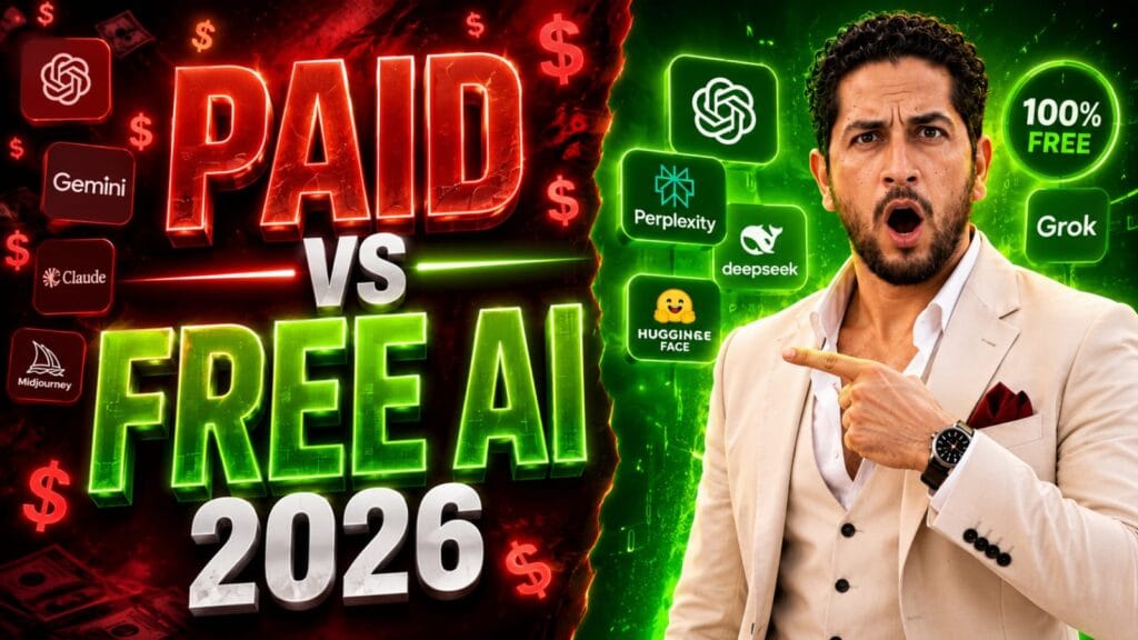 A detailed infographic comparing expensive subscription software with the best Free AI Alternatives for digital creators in 2026.