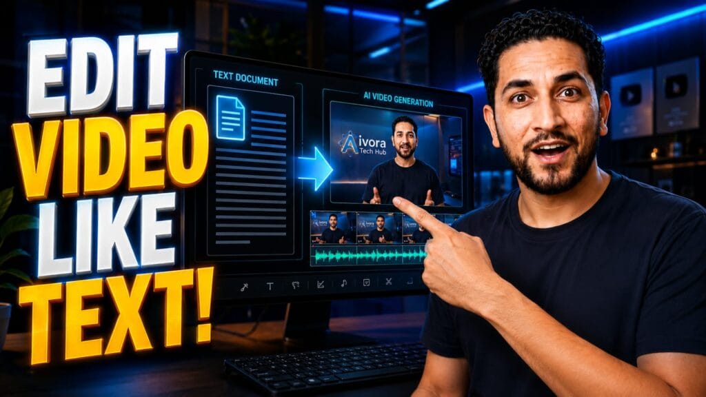 Descript AI Review dashboard showing text-based video editing and audio transcription features for content creators.