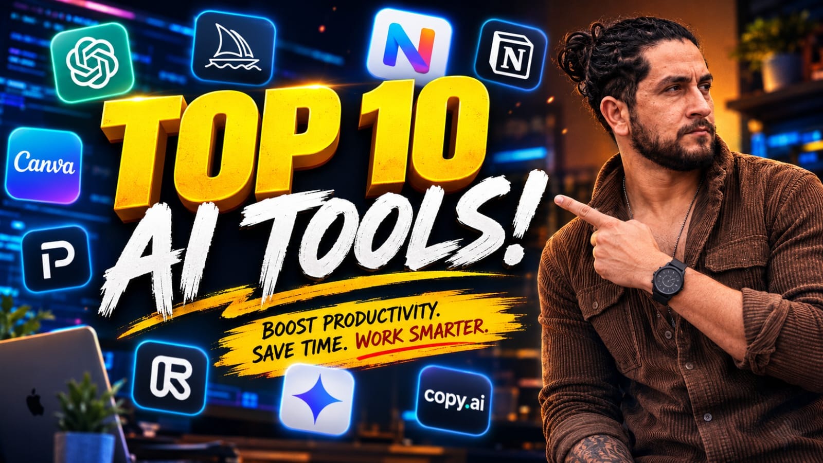 A futuristic digital collage showcasing the Top 10 AI Tools 2026 for ultimate productivity and content creation.