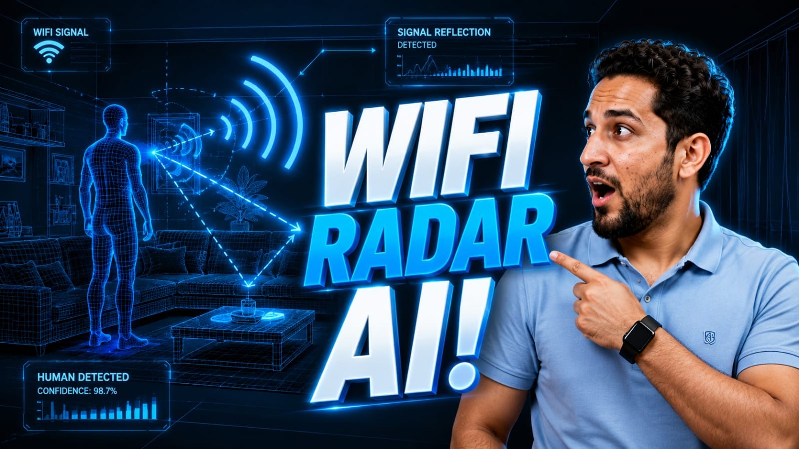 A futuristic visualization for our RuView AI Review showing WiFi radio waves acting as a smart radar.