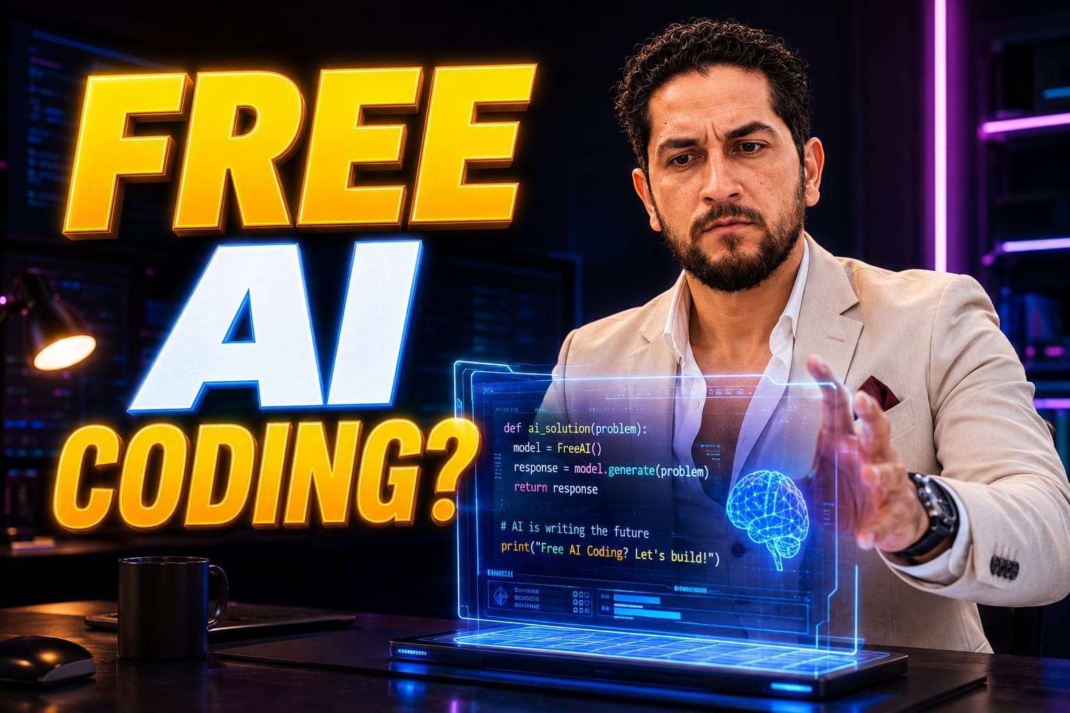 A highly focused developer interacting with glowing holographic code on a computer screen in a modern tech workspace, testing if Free AI Coding Tools are good enough for professional programming and daily automation tasks.