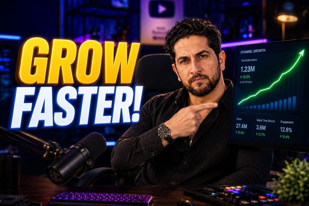 A content creator editing a viral video on a dual-monitor setup, utilizing the best AI tools for YouTube to grow their channel.