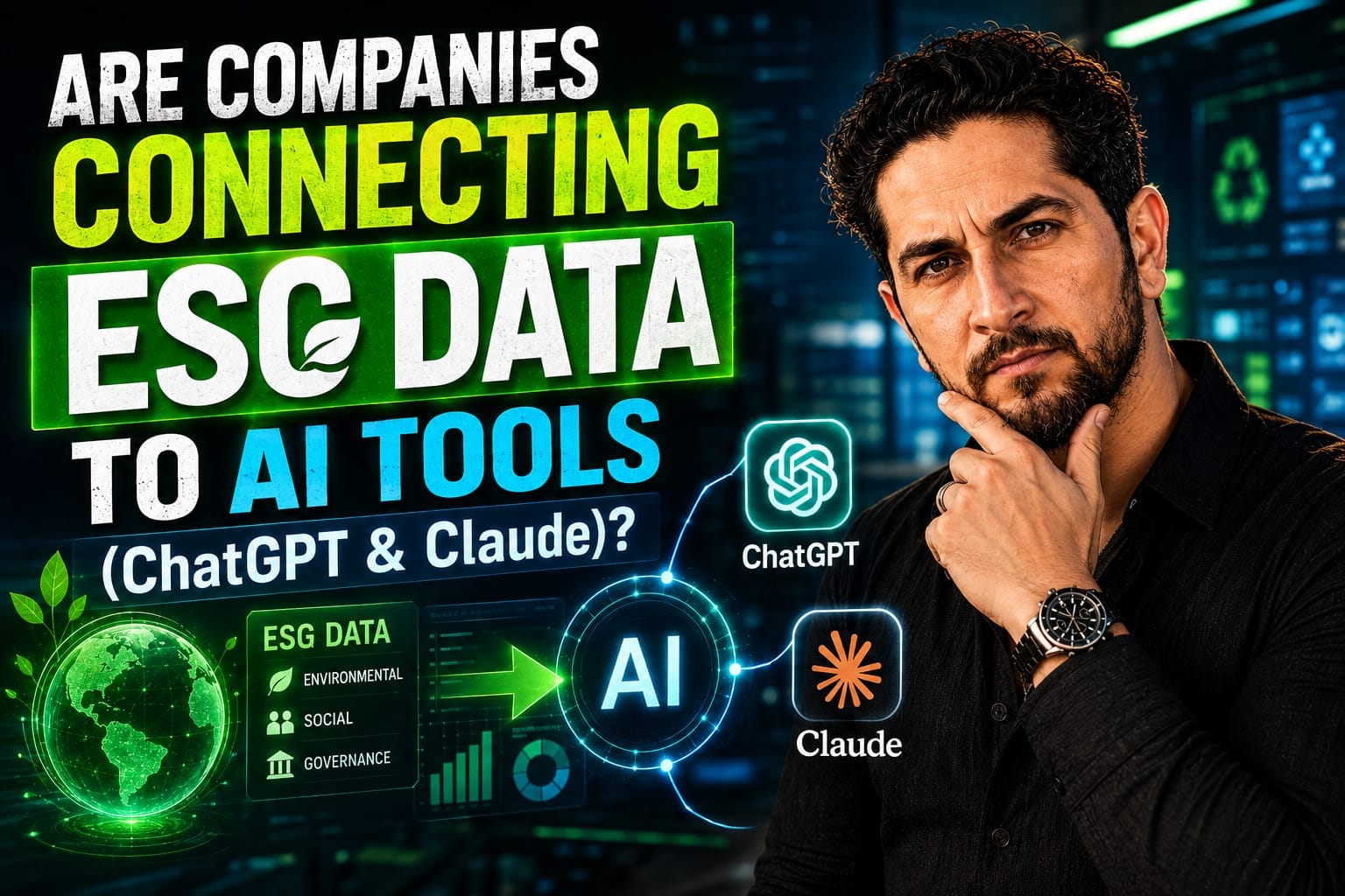 A sustainability analyst looking at a glowing green computer screen, connecting ESG data to AI tools to generate real-time carbon footprint reports.