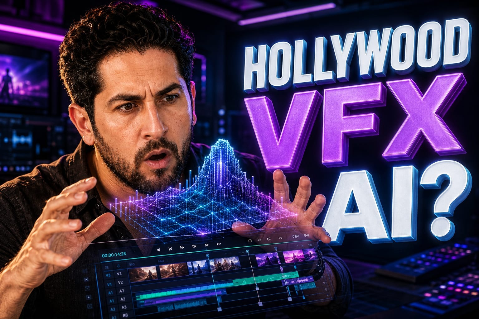 A creative filmmaker editing high-end 3D visual effects on a desktop monitor using the Beeble AI VFX tool in a dark studio.