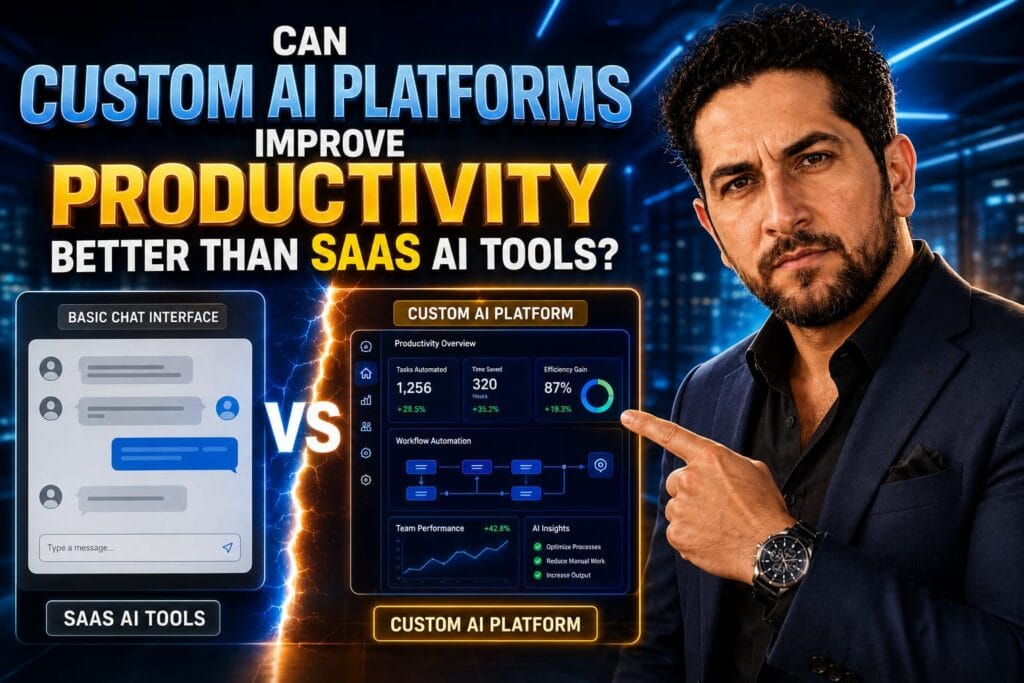 An IT director analyzing corporate security on a server dashboard, evaluating custom AI platforms for enterprise productivity.