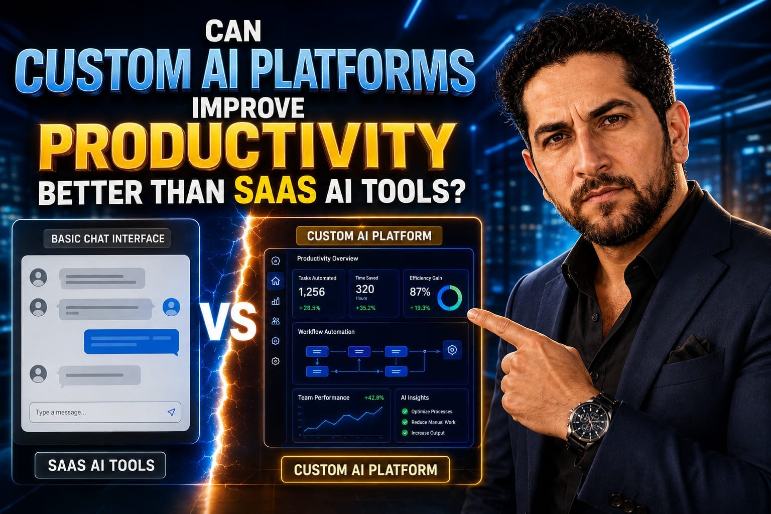 An IT director analyzing corporate security on a server dashboard, evaluating custom AI platforms for enterprise productivity.