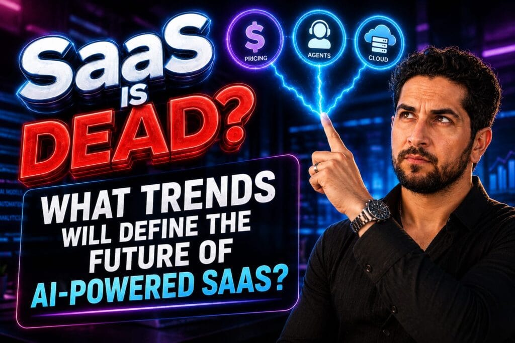 A tech CEO analyzing glowing data charts on a transparent screen, visualizing the future of AI-powered SaaS and enterprise automation.
