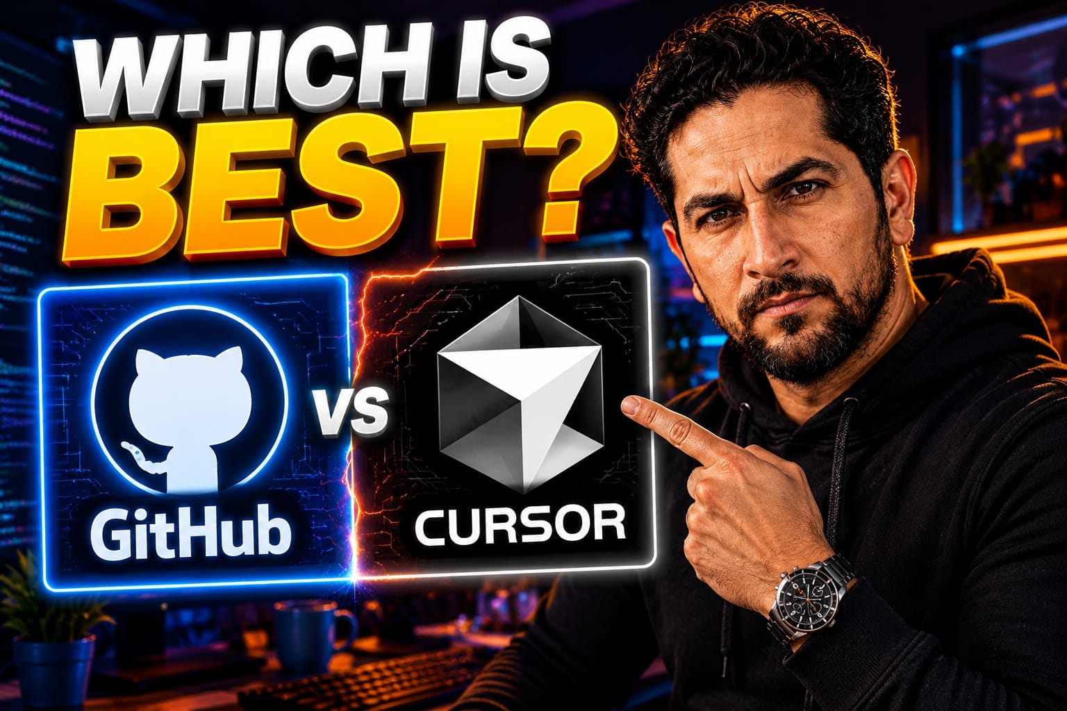 Cursor vs GitHub Copilot:A startup founder comparing code on a dual-monitor setup, evaluating the best AI development tools for faster product launches.