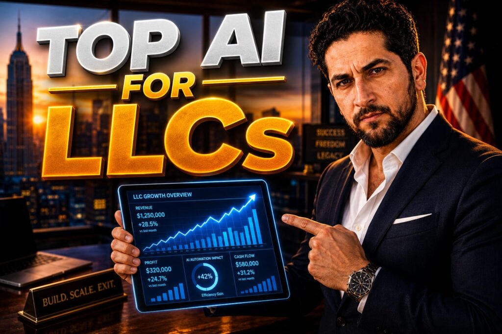 Top AI Tools for US LLCs:A startup founder working on a laptop in a modern New York office, analyzing AI software and compliance tools.