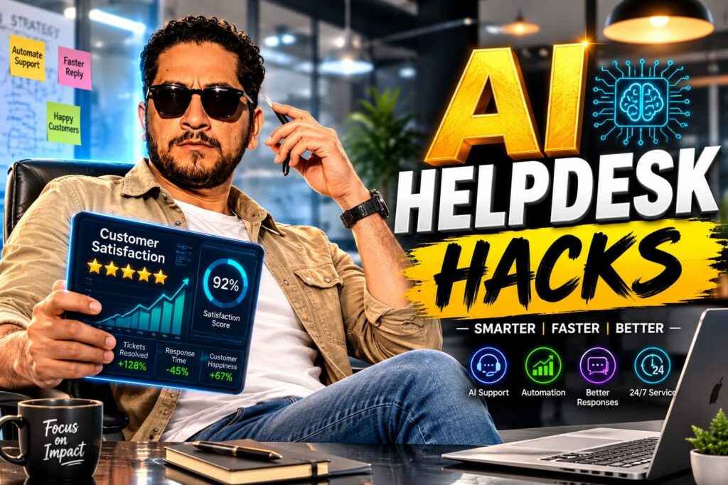 A US startup founder configuring AI customer support tools on a modern dashboard in a tech office.