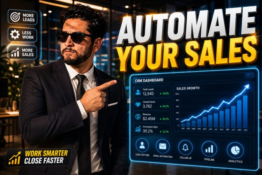 A tech sales professional using AI sales prospecting tools to analyze lead data on a dual-monitor setup.
