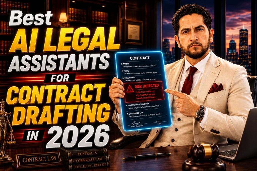 A corporate lawyer using AI legal assistants for contract drafting on a dual-monitor setup in a high-end law firm.