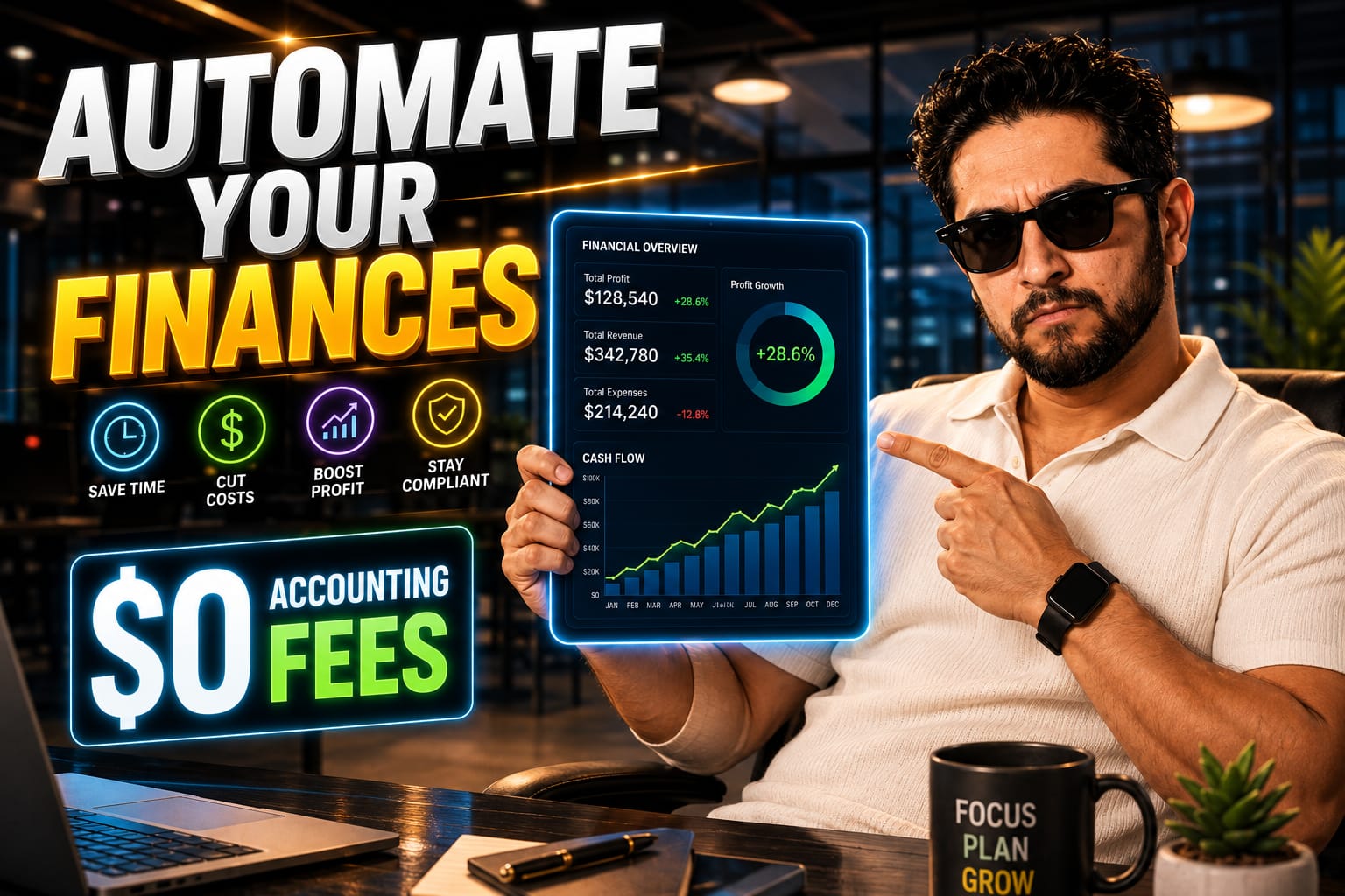 A startup founder reviewing financial data using AI accounting tools