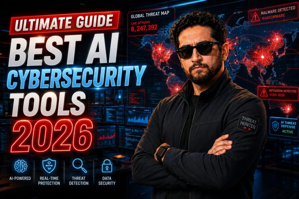 IT manager using AI cybersecurity tools to monitor a global threat detection dashboard