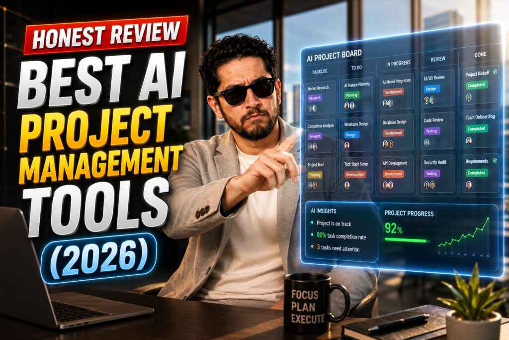Project manager using AI project management tools to automate tasks on a dual-monitor setup
