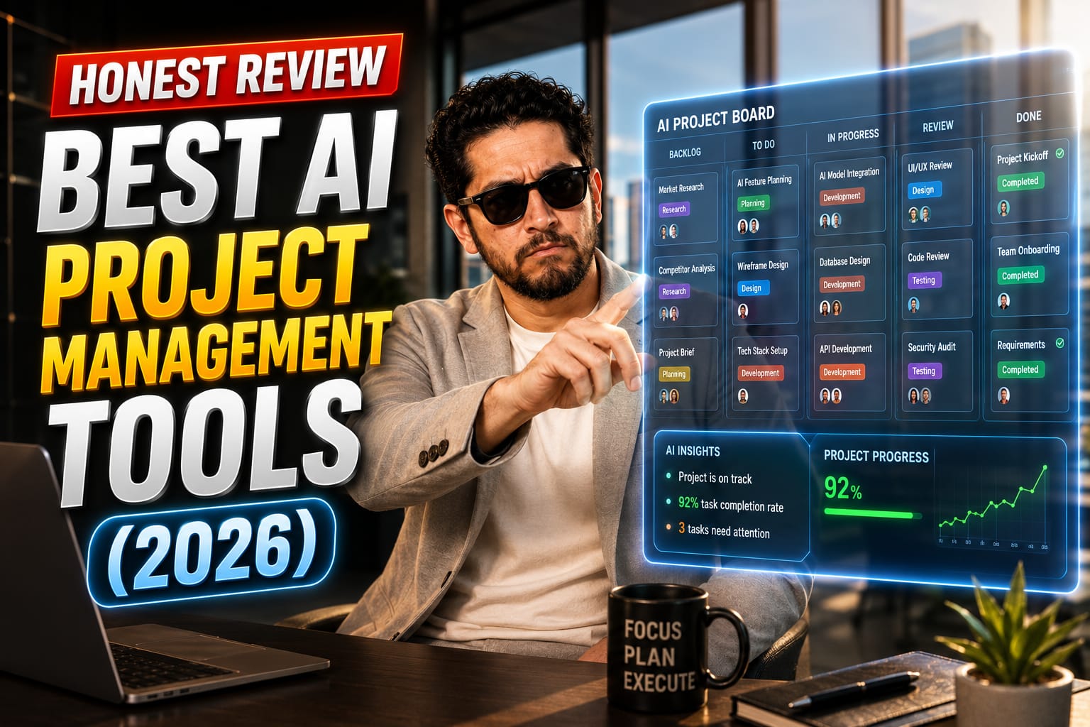 Project manager using AI project management tools to automate tasks on a dual-monitor setup