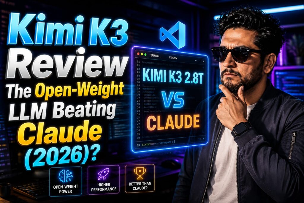 Developer reading a Kimi K3 review while comparing AI coding benchmarks on a dual-monitor setup