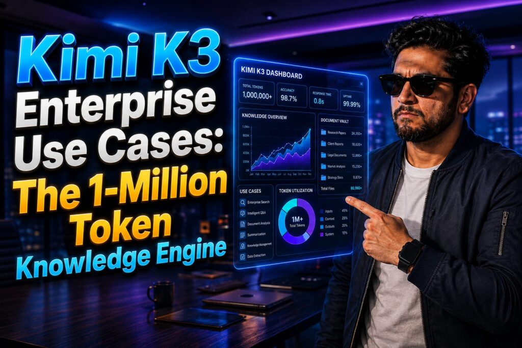 IT Director reviewing Kimi K3 enterprise use cases for data analysis on a multi-monitor office setup