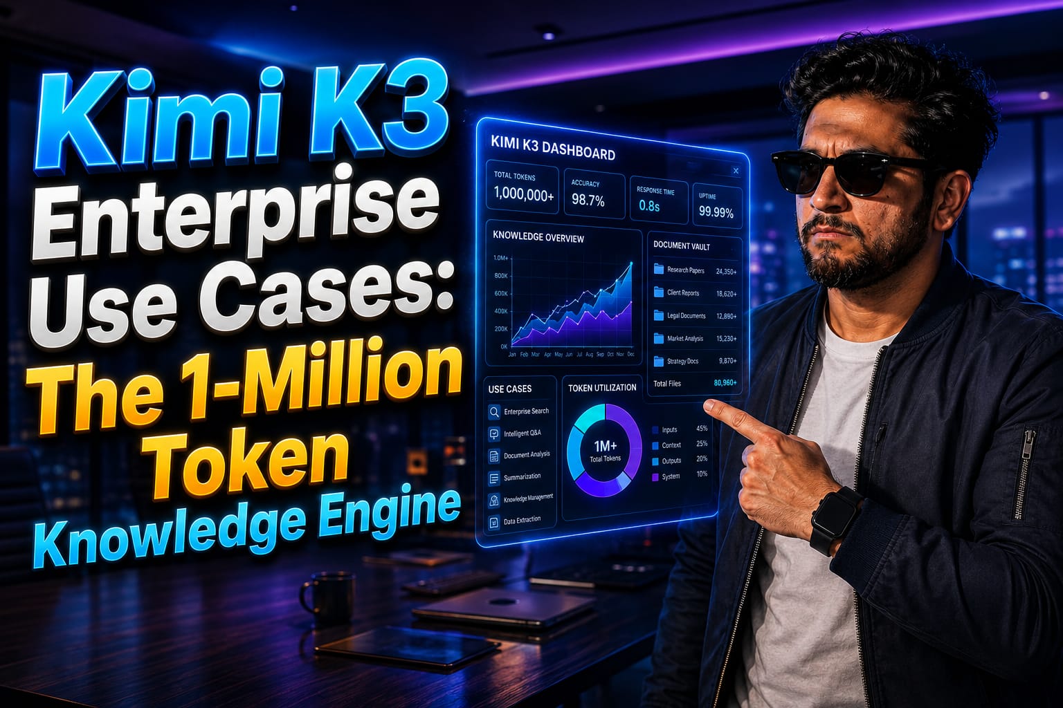 IT Director reviewing Kimi K3 enterprise use cases for data analysis on a multi-monitor office setup