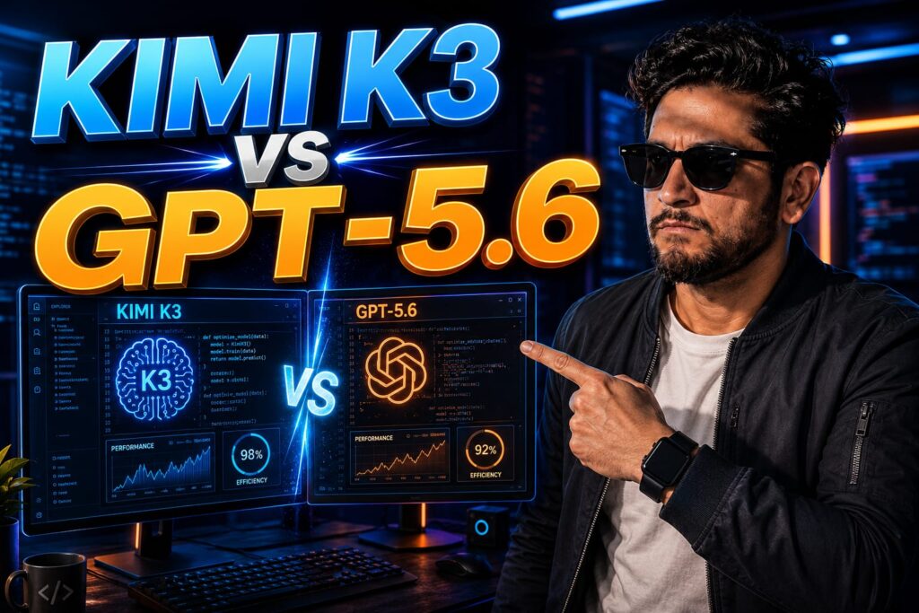 Developer analyzing the Kimi K3 vs GPT-5.6 Sol benchmarks on a multi-monitor workstation