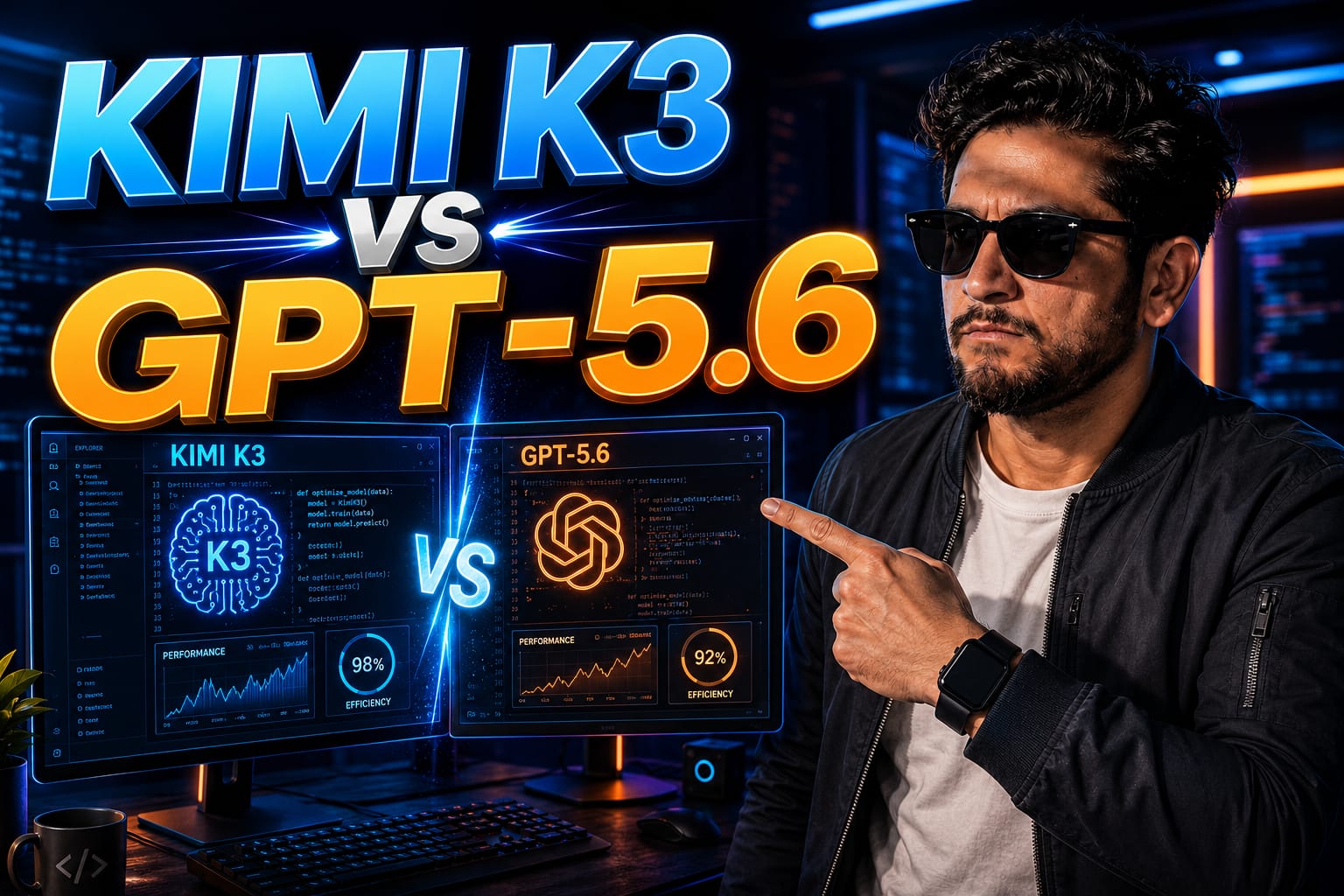 Developer analyzing the Kimi K3 vs GPT-5.6 Sol benchmarks on a multi-monitor workstation