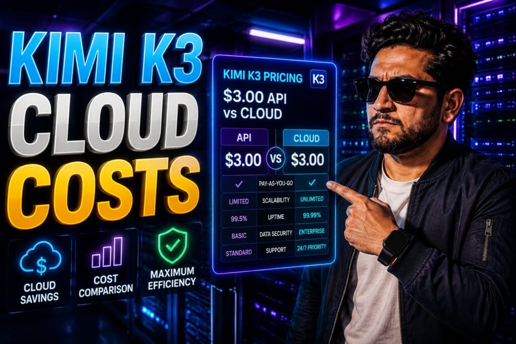 Cloud Architect reviewing Kimi K3 API pricing and GPU server deployment on a high-tech dashboard