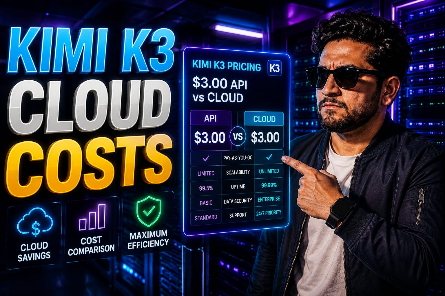 Cloud Architect reviewing Kimi K3 API pricing and GPU server deployment on a high-tech dashboard