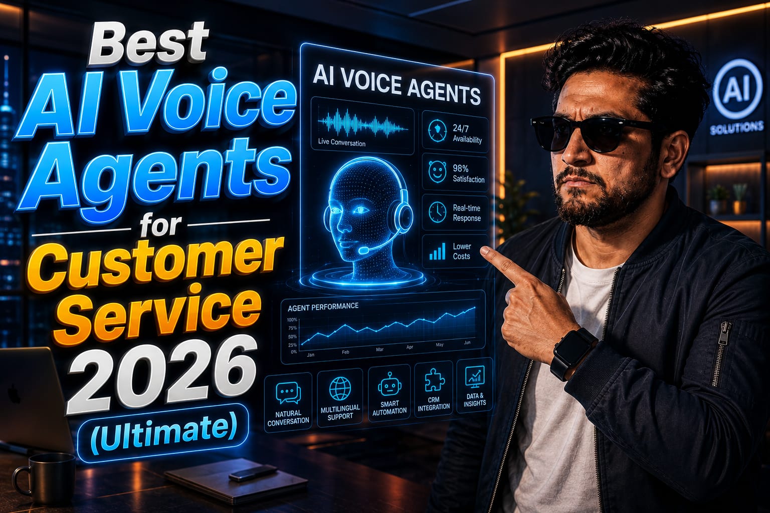 B2B executive analyzing the Best AI Voice Agents dashboard in a modern office setup