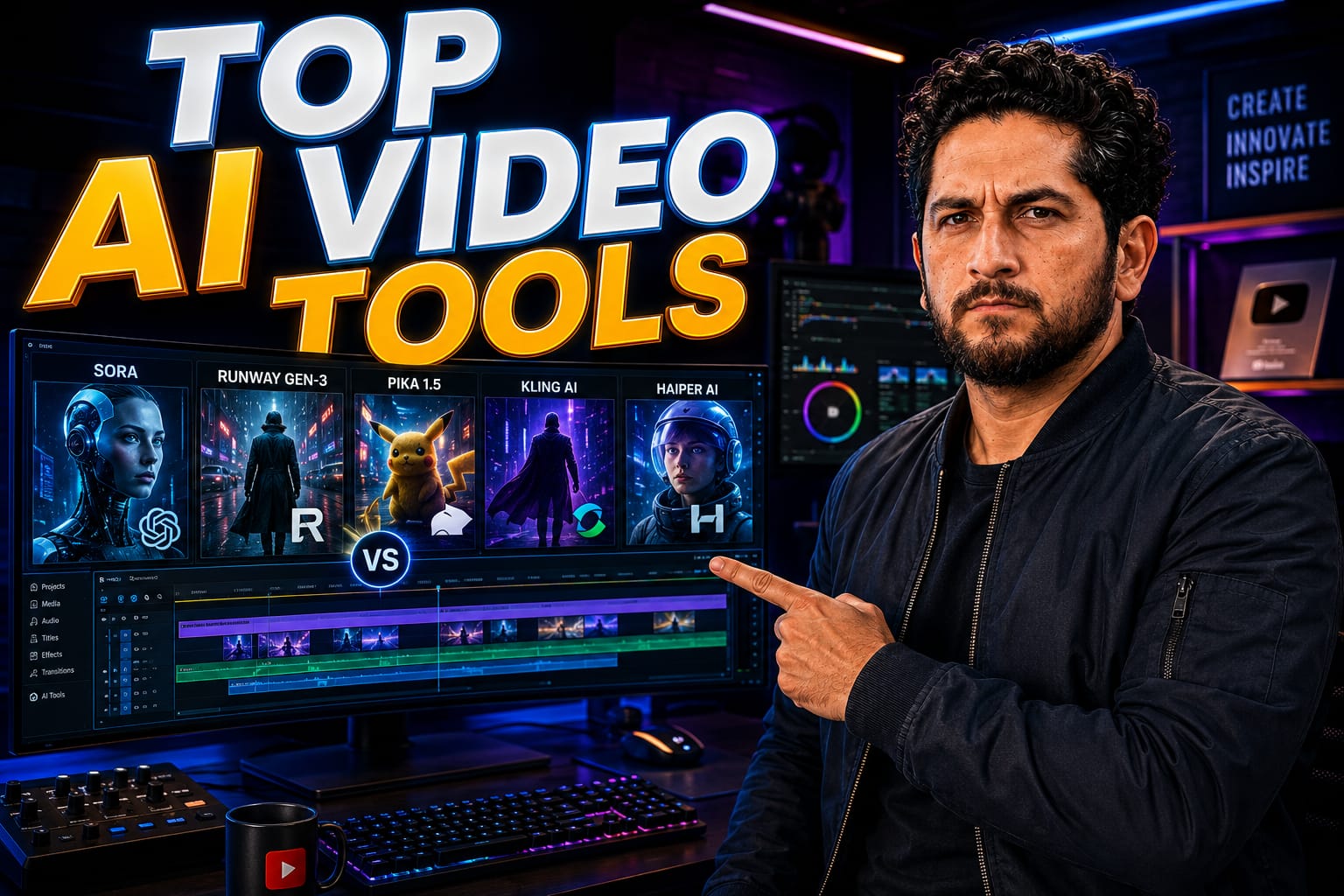 Best AI Video Generators: A video editor comparing Sora 2, Kling 3.0, and Runway on a multi-monitor setup