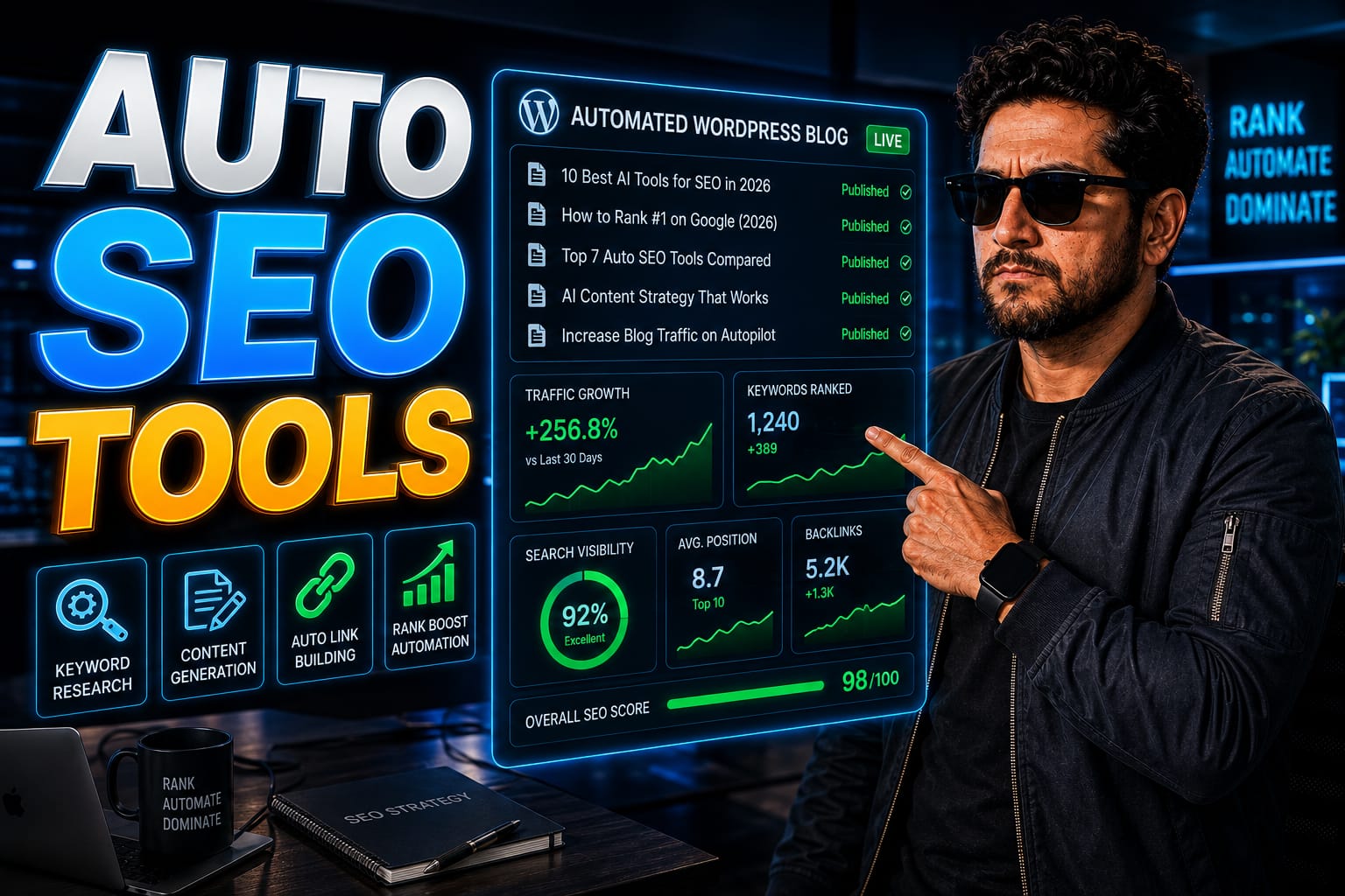 AI Auto Blogging Tools 2026: SEO specialist reviewing automated content workflows on a dual monitor dashboard