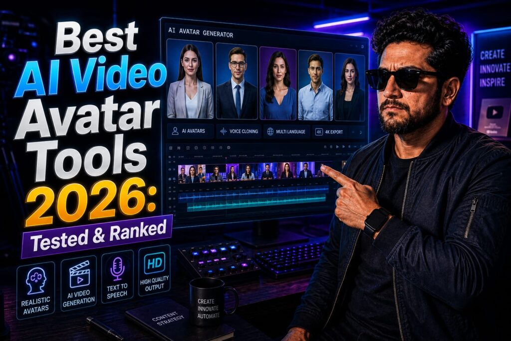 Best AI Video Avatar Tools 2026: Content creator comparing hyper-realistic digital avatars on a modern studio setup