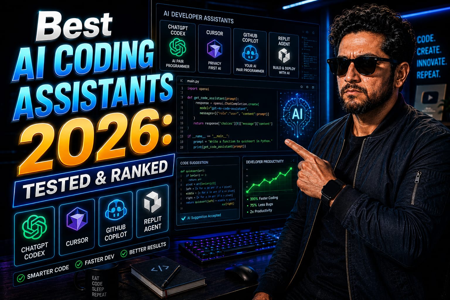 Best AI Coding Assistants 2026: Software engineer analyzing autonomous coding agents on a modern dual-monitor developer setup